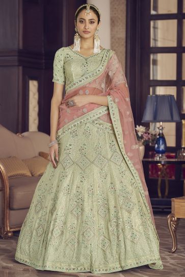 Splendiferous Sea Green Color Crepe Fabric Designer Thread Embroidered Reception Wear Lehenga Choli