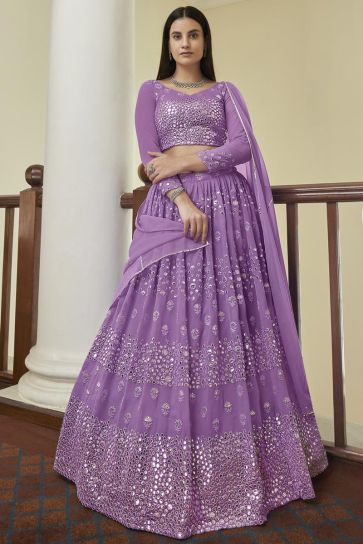 Georgette Fabric Sangeet Wear Chic Lavender Color Embroidered Lehenga Choli
