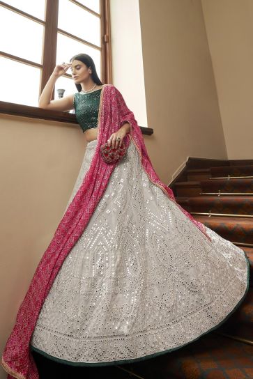 Off White Color Sangeet Wear Chic Organza Fabric Embroidered Lehenga