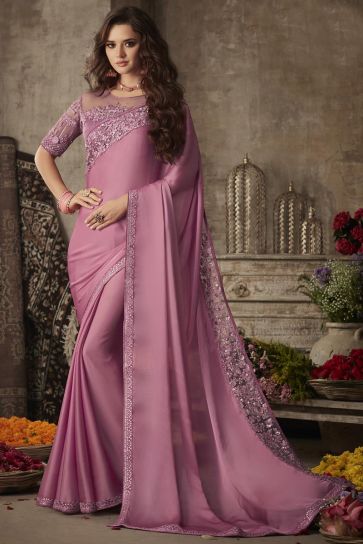 Fancy Pink Color Art Silk Fabric Saree With Embroidered Blouse