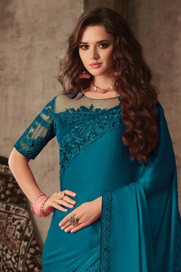 Classic Art Silk Fabric Teal Color Saree With Embroidered Blouse