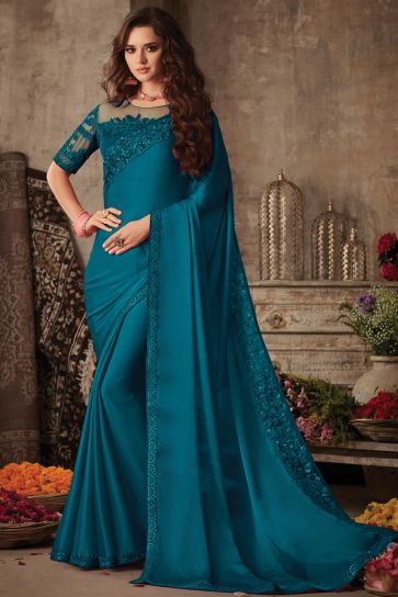 Classic Art Silk Fabric Teal Color Saree With Embroidered Blouse