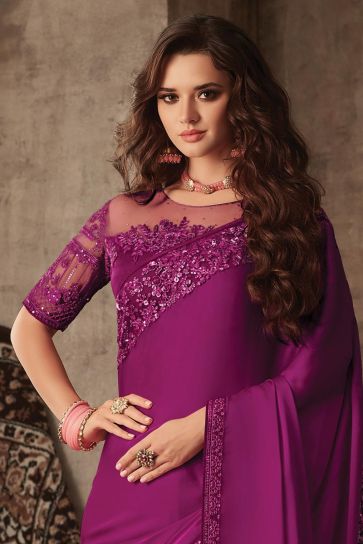 Purple Color Designer Saree With Embroidered Blouse In Art Silk Fabric