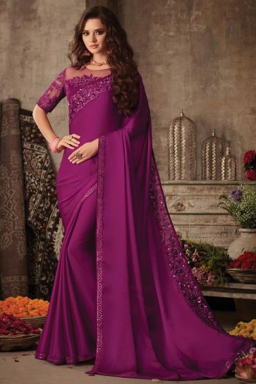 Purple Color Designer Saree With Embroidered Blouse In Art Silk Fabric