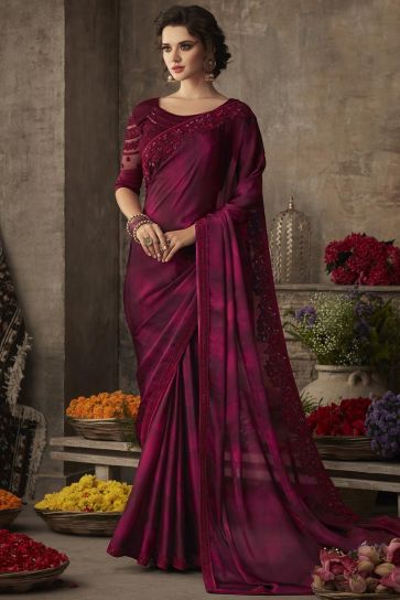Art Silk Fabric Wine Color Function Wear Saree With Embroidered Blouse
