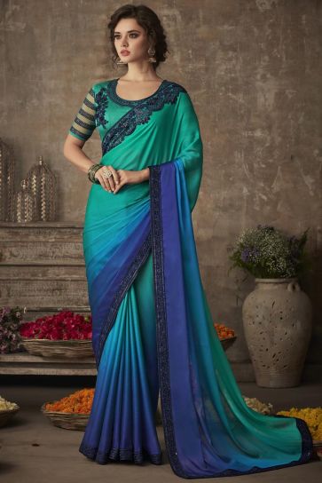 Blue Color Beautiful Party Style Saree With Embroidered Blouse