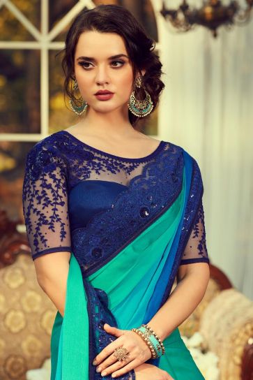 Blue Color Trendy Art Silk Fabric Party Style Saree With Embroidered Blouse