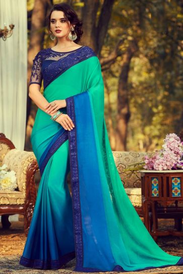 Blue Color Trendy Art Silk Fabric Party Style Saree With Embroidered Blouse