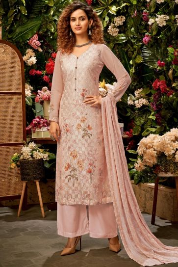 Peach Color Viscose Fabric Fancy Printed Function Wear Palazzo Suit