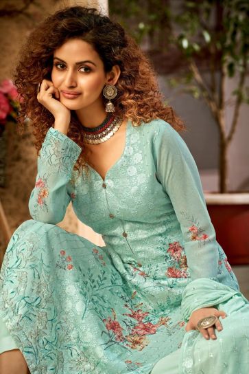 Viscose Fabric Printed Festive Wear Palazzo Suit In Light Cyan Color