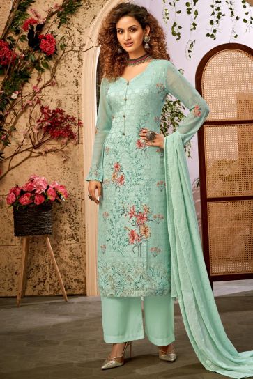 Viscose Fabric Printed Festive Wear Palazzo Suit In Light Cyan Color