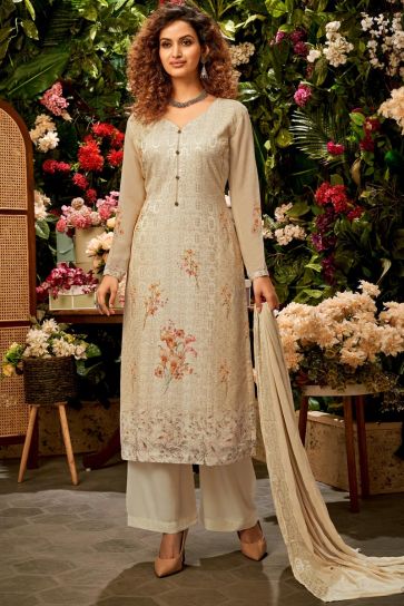 Cream Color Function Wear Printed Viscose Fabric Palazzo Suit