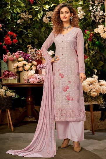 Viscose Fabric Party Wear Pink Color Printed Palazzo Suit