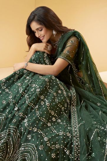 Dark Green Color Wedding Wear Net Fabric Embroidered Lehenga Choli