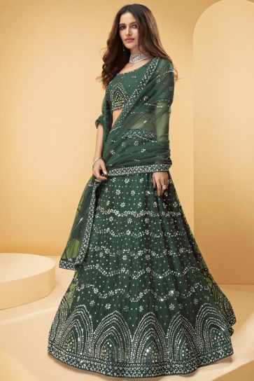 Dark Green Color Wedding Wear Net Fabric Embroidered Lehenga Choli