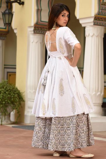 White Color Festive Wear Fancy Fabric Digital Printed Kurti With Palazzo