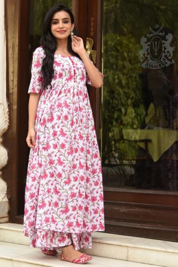 Fancy Fabric Festive Wear Digital Printed Kurti With Palazzo In White Color