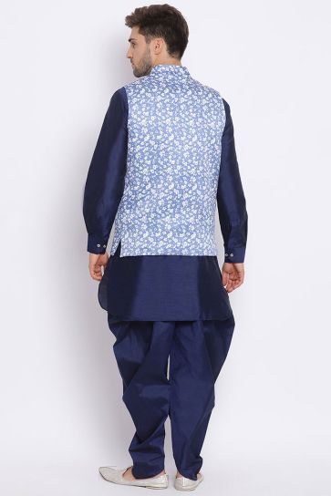 Wedding Wear Blue Color Silk Fabric Kurta Pyjama With Waist Coat