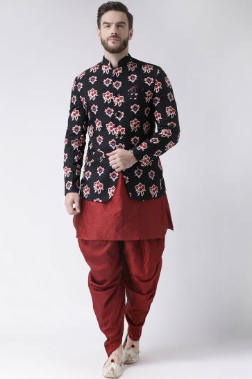 Fancy Fabric Maroon Color Wedding Wear Kurta Pyjama With Jacket