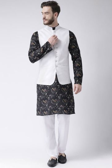 Reception Wear Cotton Fabric Kurta Pyjama With Waist Coat In Black Color