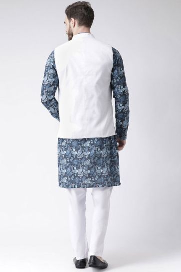 Wedding Wear Cotton Fabric Kurta Pyjama In Blue Color