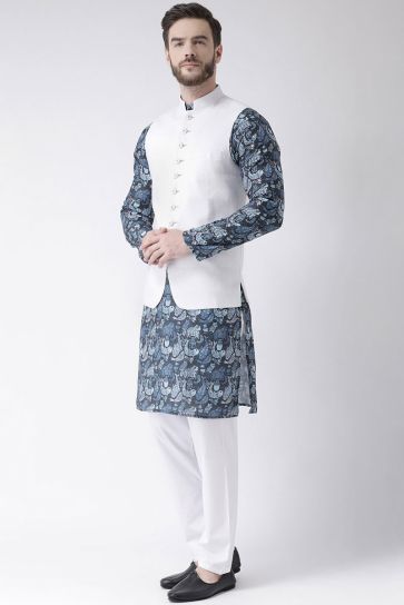Wedding Wear Cotton Fabric Kurta Pyjama In Blue Color