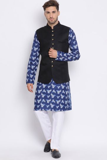 Cotton Fabric Reception Wear Kurta Pyjama With Jacket In Blue Color