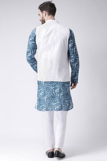 Blue Color Reception Wear Cotton Fabric Kurta Pyjama With Jacket