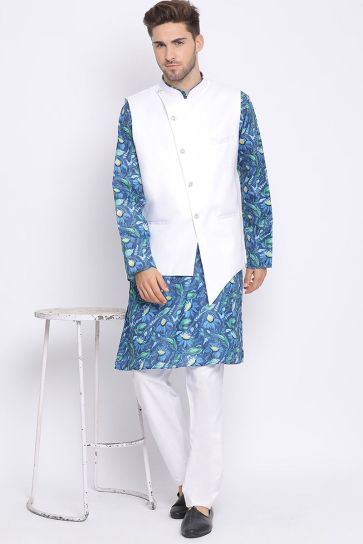 Wedding Wear Cotton Fabric Sky Blue Color Kurta Pyjama With Waist Coat
