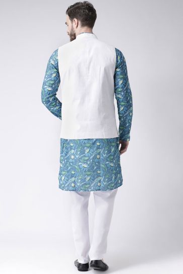 Cotton Fabric Blue Color Wedding Wear Kurta Pyjama With Jacket