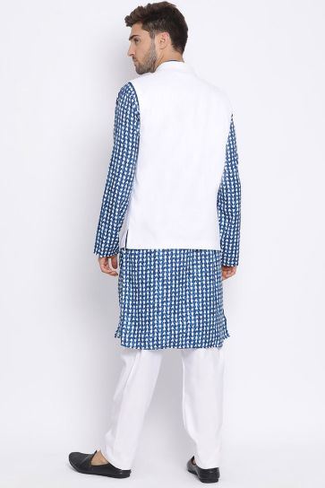 Reception Wear Blue Color Kurta Pyjama In Cotton Fabric
