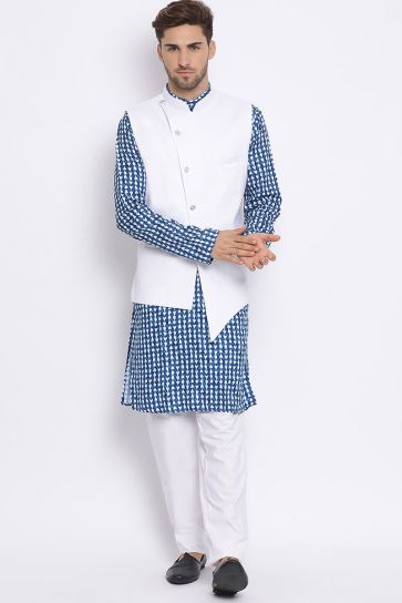 Reception Wear Blue Color Kurta Pyjama In Cotton Fabric