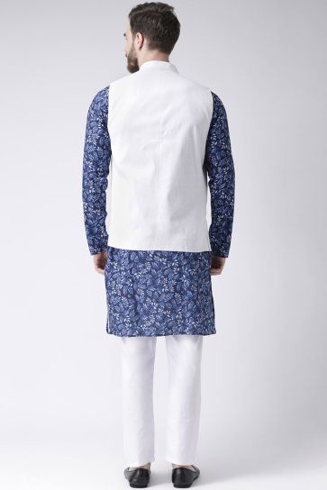 Cotton Fabric Blue Color Wedding Wear Kurta Pyjama With Waist Coat