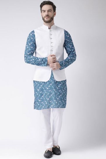 Blue Color Cotton Fabric Wedding Wear Kurta Pyjama With Waist Coat