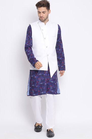 Cotton Fabric Reception Wear Kurta Pyjama In Navy Blue Color