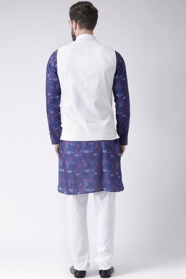 Navy Blue Color Cotton Fabric Wedding Wear Kurta Pyjama With Jacket
