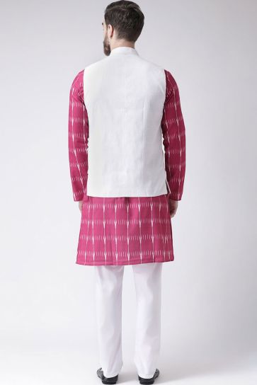 Wedding Wear Pink Color Cotton Fabric Kurta Pyjama With Waist Coat