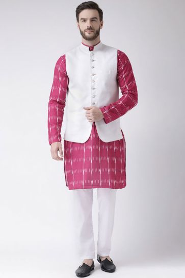Wedding Wear Pink Color Cotton Fabric Kurta Pyjama With Waist Coat