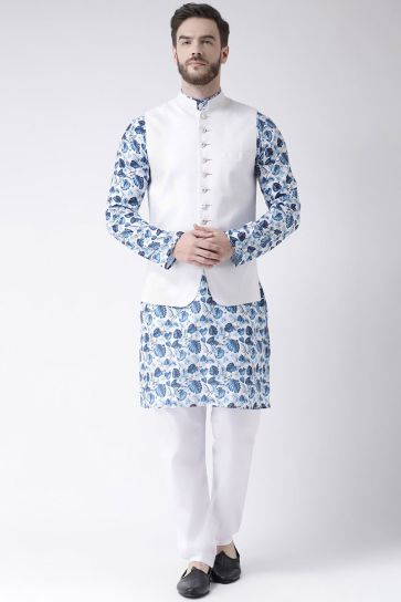 Cotton Fabric Reception Wear White Color Kurta Pyjama With Waist Coat
