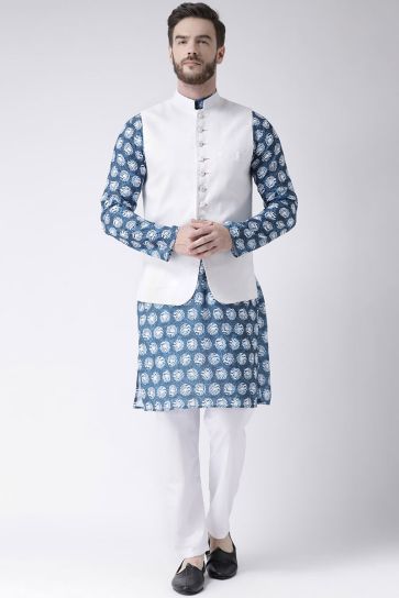 Wedding Wear Blue Color Cotton Fabric Kurta Pyjama With Waist Coat