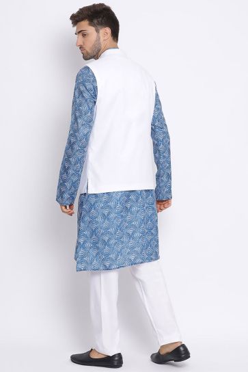 Cotton Fabric Blue Color Reception Wear Kurta Pyjama With Waist Coat