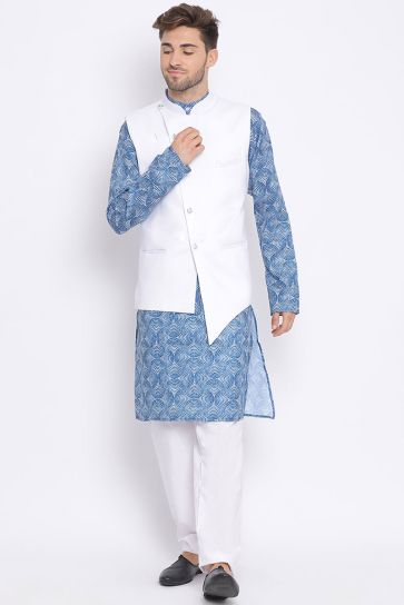 Cotton Fabric Blue Color Reception Wear Kurta Pyjama With Waist Coat