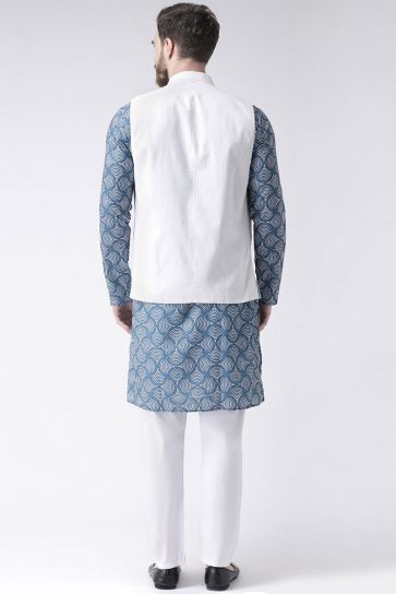 Sky Blue Color Wedding Wear Cotton Fabric Kurta Pyjama With Waist Coat