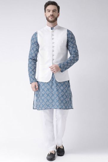 Sky Blue Color Wedding Wear Cotton Fabric Kurta Pyjama With Waist Coat