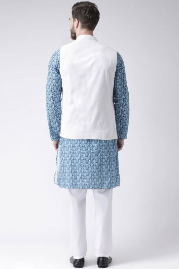 Cotton Fabric Sky Blue Color Reception Wear Kurta Pyjama With Waist Coat