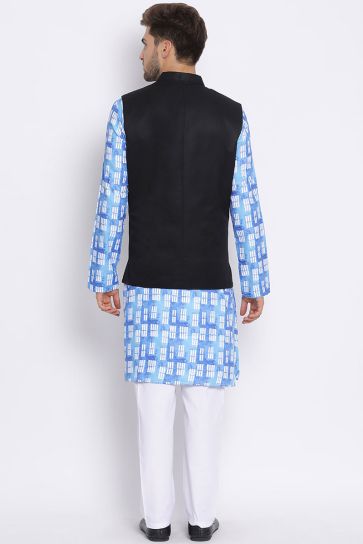 Wedding Wear Cotton Fabric Blue Color Kurta Pyjama With Jacket