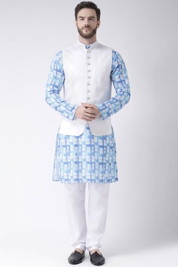 Blue Color Wedding Wear Kurta Pyjama In Cotton Fabric