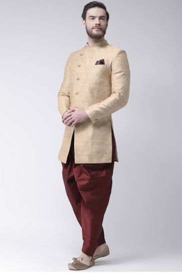 Fancy Fabric Wedding Wear Indo Western For Man In Golden Color 