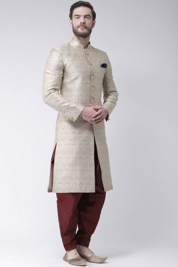 Reception Wear Fancy Fabric Indo Western For Man In Cream Color