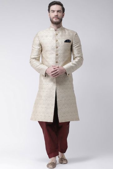 Reception Wear Fancy Fabric Indo Western For Man In Cream Color